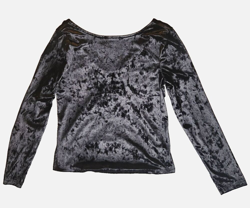 Gap Black Crushed Velvet Long Sleeve Top Sz L Scoop Neck / Back Stretch NWT